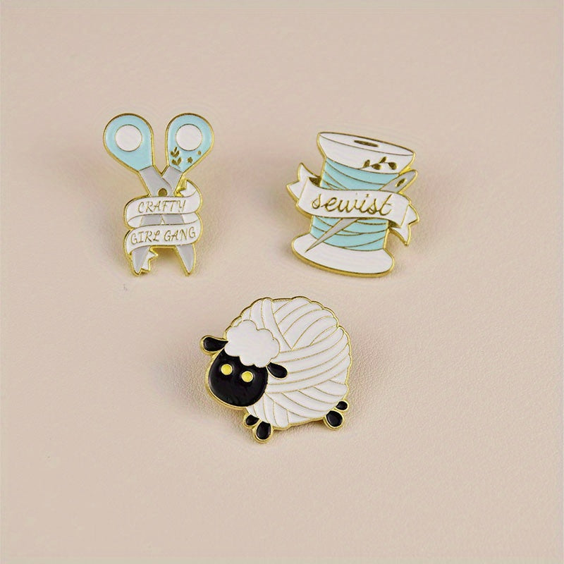 Sewing Machine Measure Tape Scissors Needlework Sheep Brooch