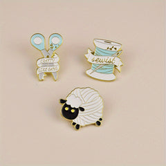 Sewing Machine Measure Tape Scissors Needlework Sheep Brooch