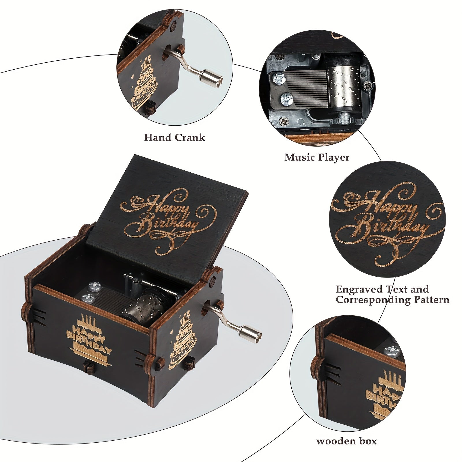 Happy Birthday Music Box Wooden Hand Crank Engraved Musical Instrument