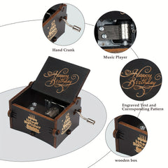 Happy Birthday Music Box Wooden Hand Crank Engraved Musical Instrument
