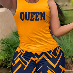 2 Pcs Letter Print Crew Neck Tank Top & Abstract Print Shorts Set
