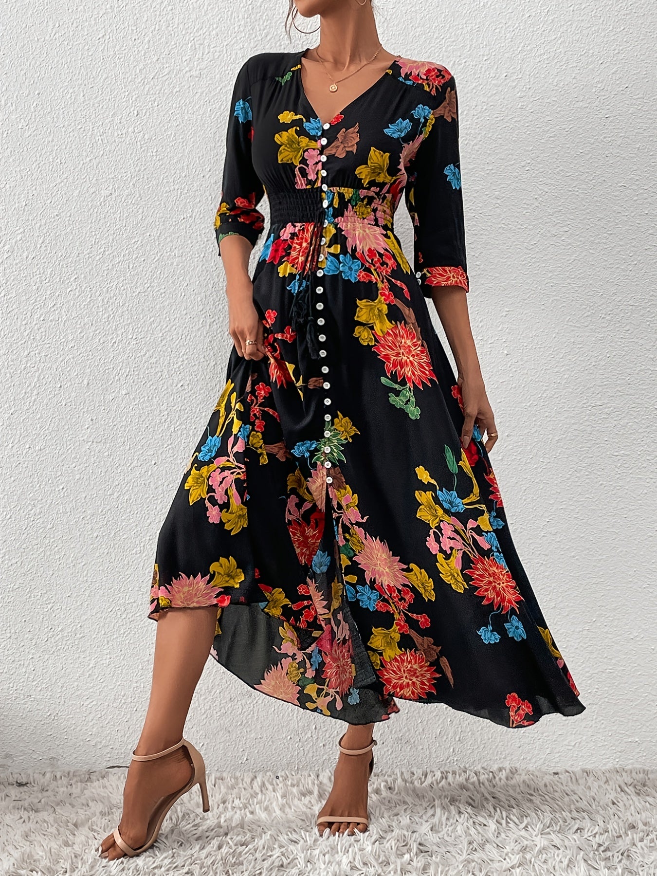 Floral Print Dress V Neck Short Sleeve Dress Casual Every Dress Women's Clothing