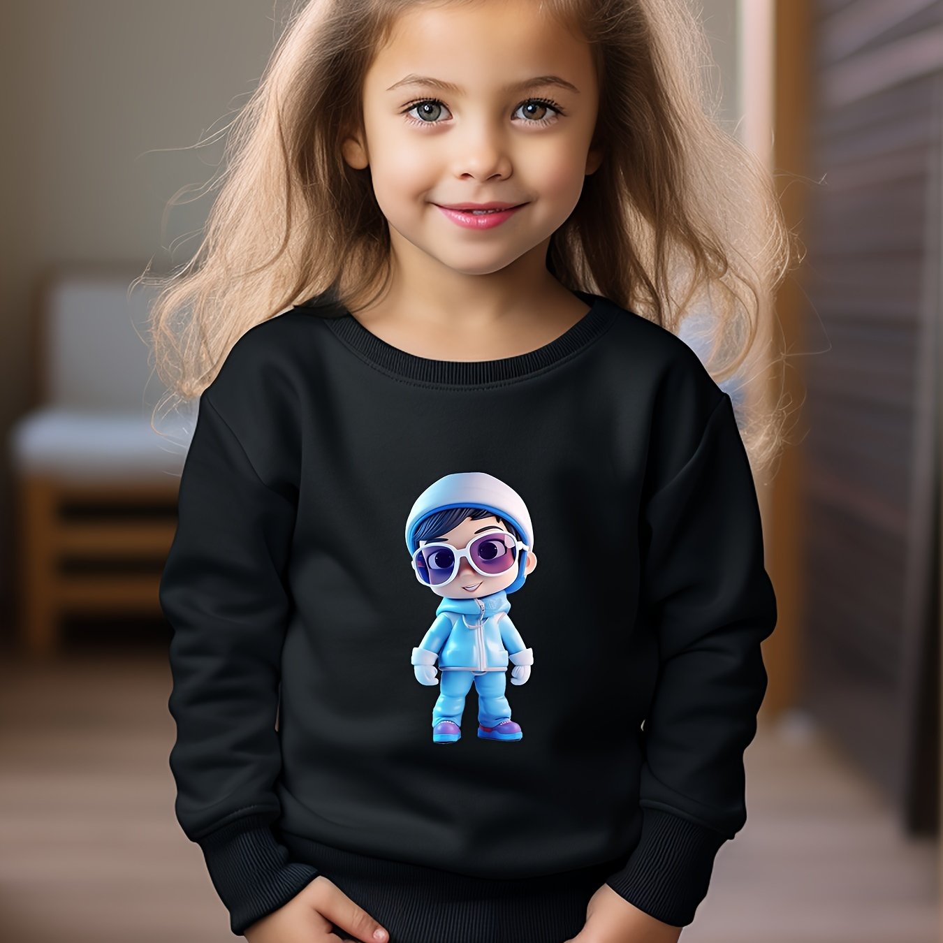 Cartoon Pattern Crew Neck Sweatshirt for Girls Kids