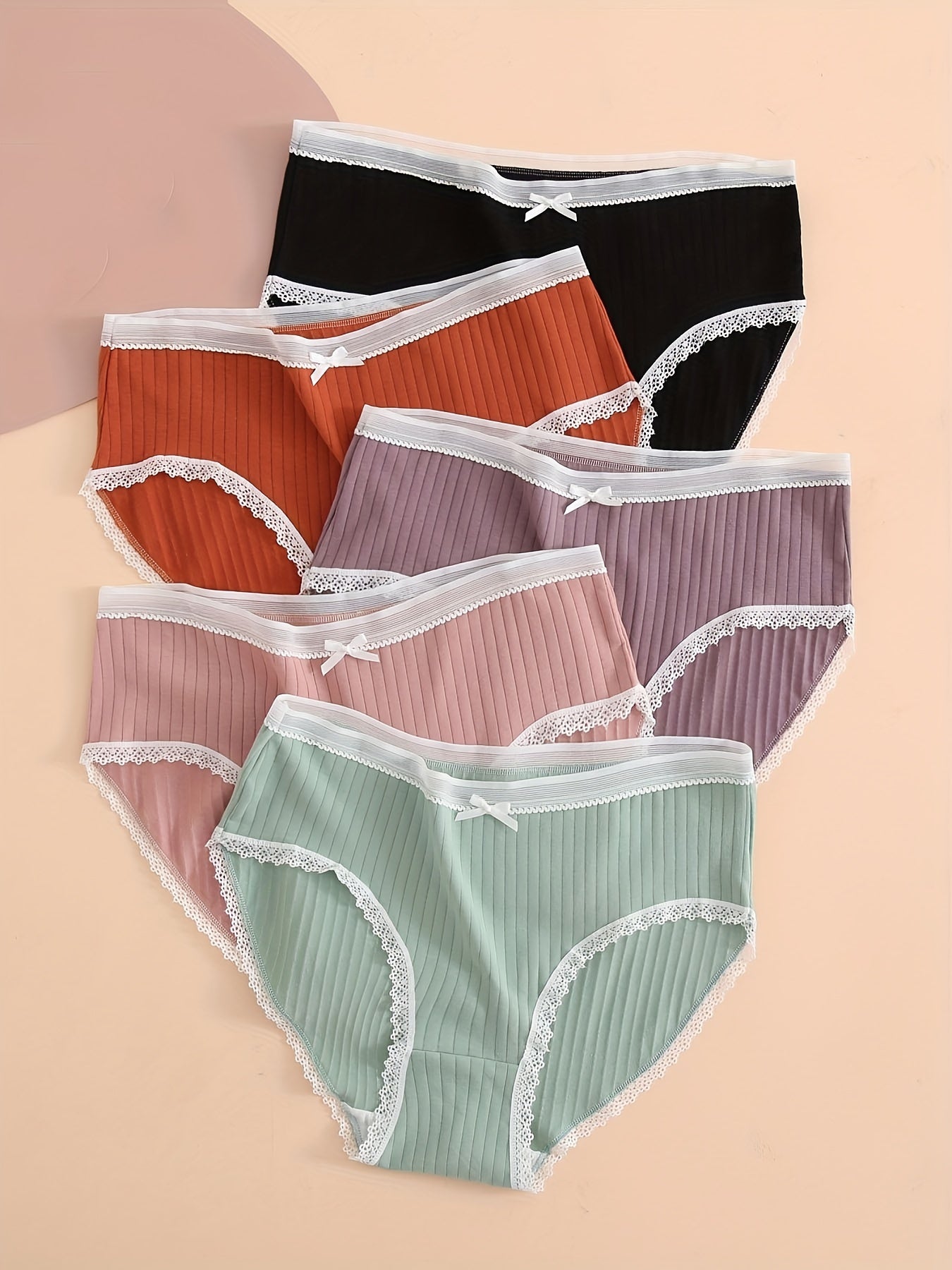 5 Pack Plus Size Panties Set Ribbed Lace Trim Bow Stretch Underwear