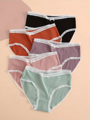 5 Pack Plus Size Panties Set Ribbed Lace Trim Bow Stretch Underwear