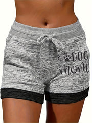 Dog Paw & Letter Print Drawstring Shorts with Pockets