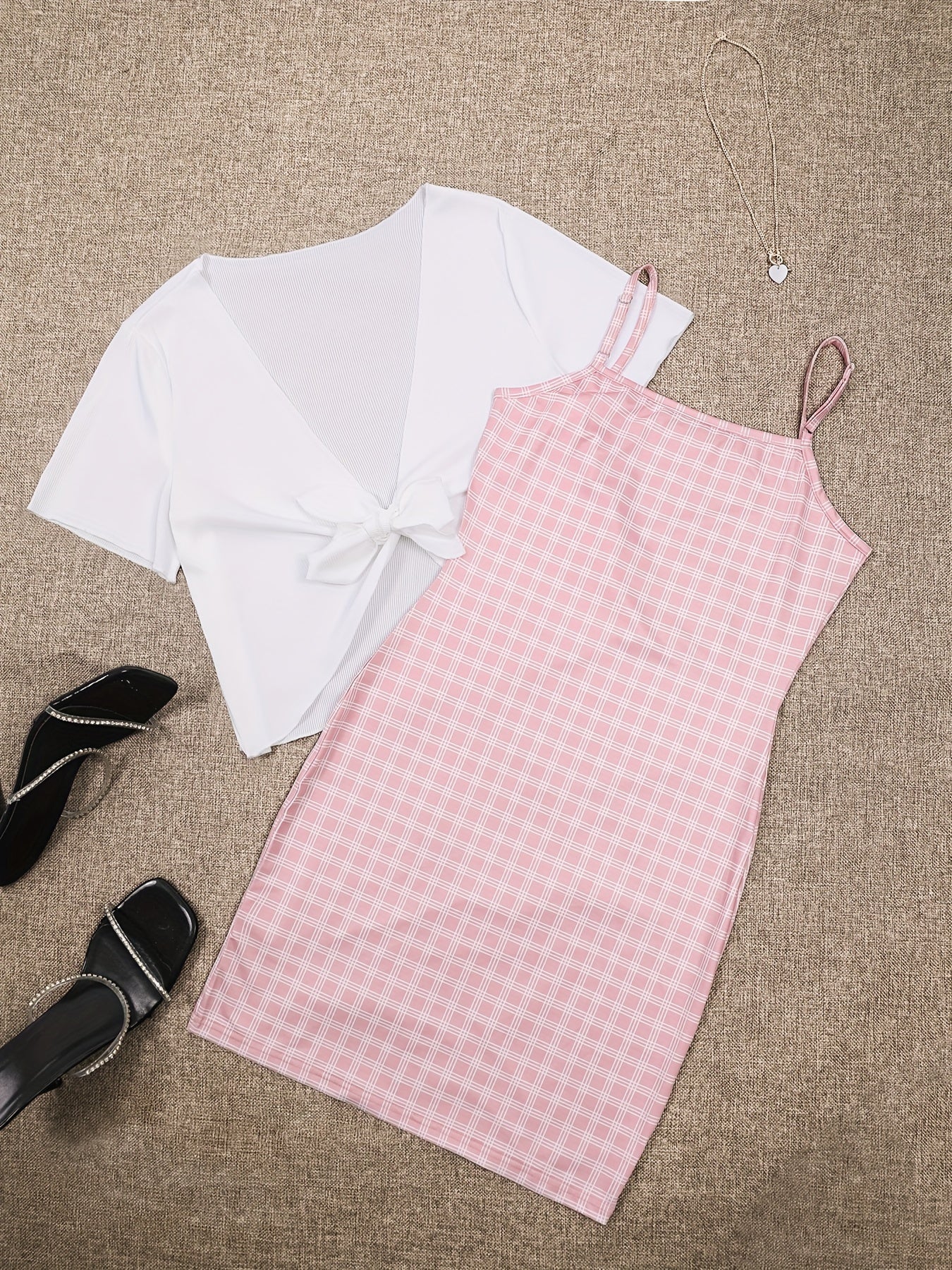 Plaid Dresses & Open Front Tops Two Pieces Set Outfits Women's Clothing