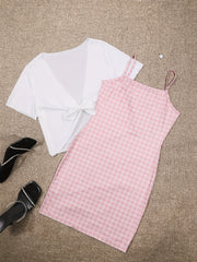 Plaid Dresses & Open Front Tops Two Pieces Set Outfits Women's Clothing