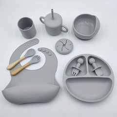Infant Silicone Tableware Set 9 Pieces Training Spoon Fork Cup Plate