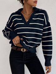 Striped Knitted Long Sleeve Polo Neck Pullover Jumper
