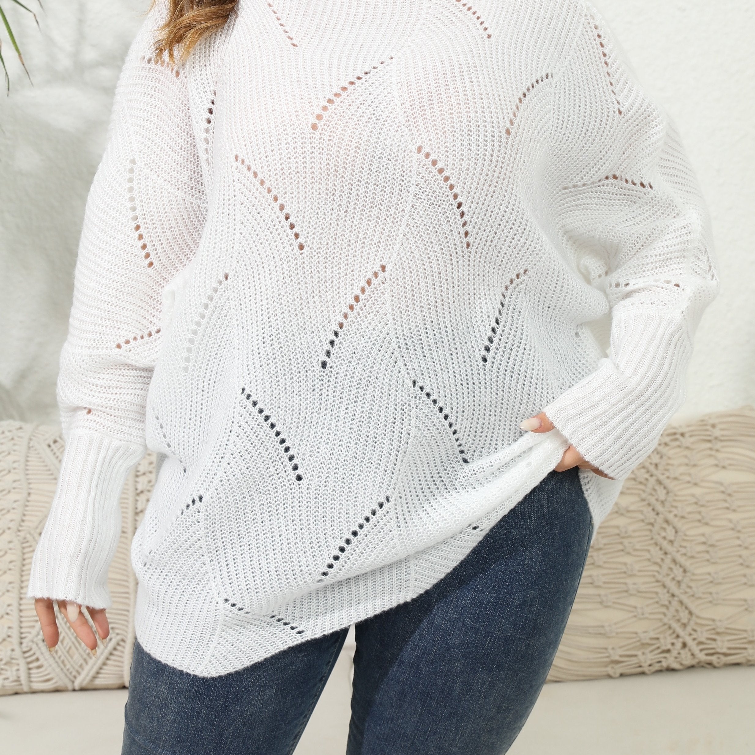 Casual Sweater Women's Plus Solid Eyelet Embroidered Bat Sleeve Round