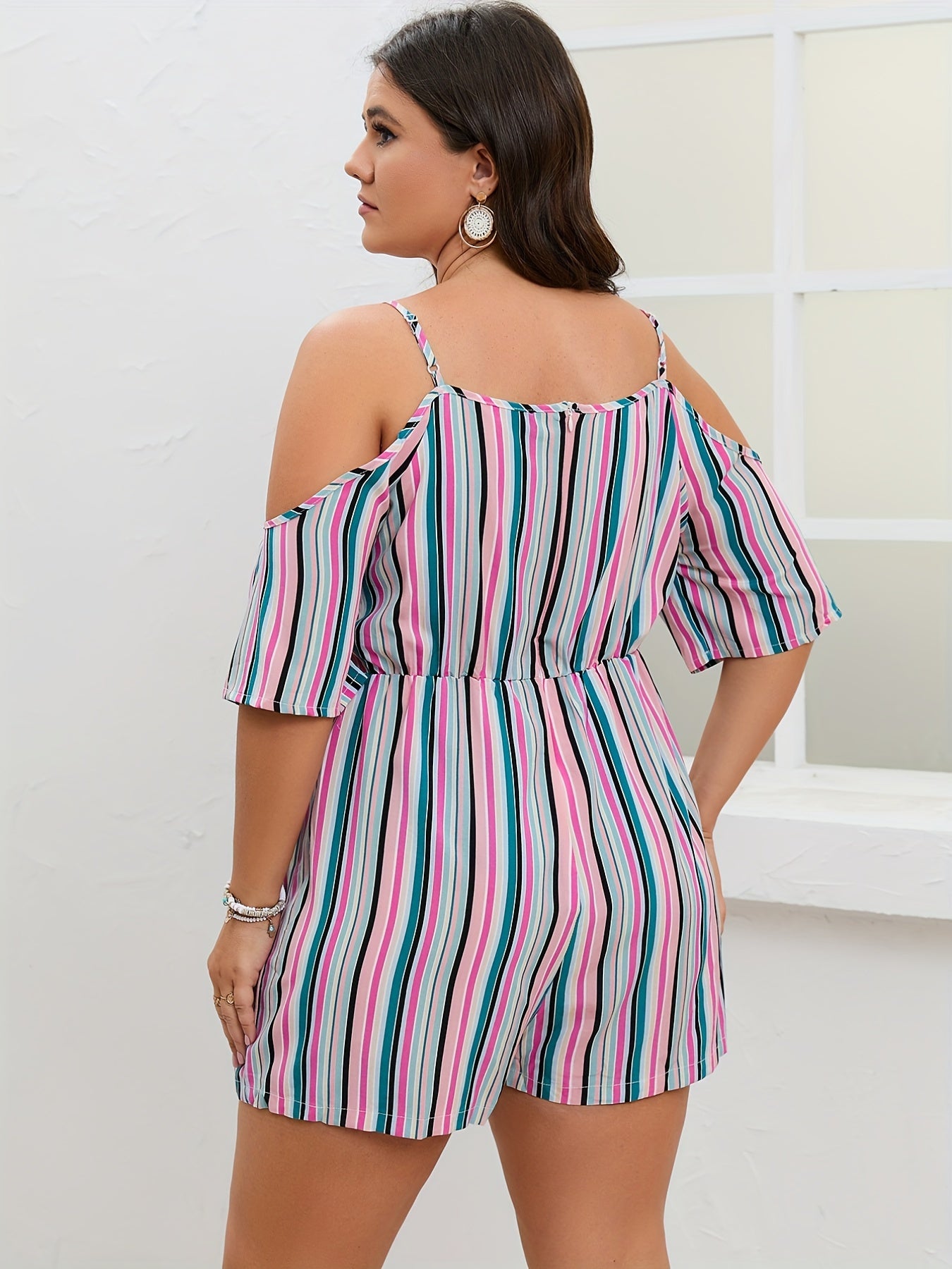 Colorful Stripe Cold Shoulder Romper