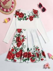 Girls Flower Print Long Sleeve Dress for Spring Fall Party