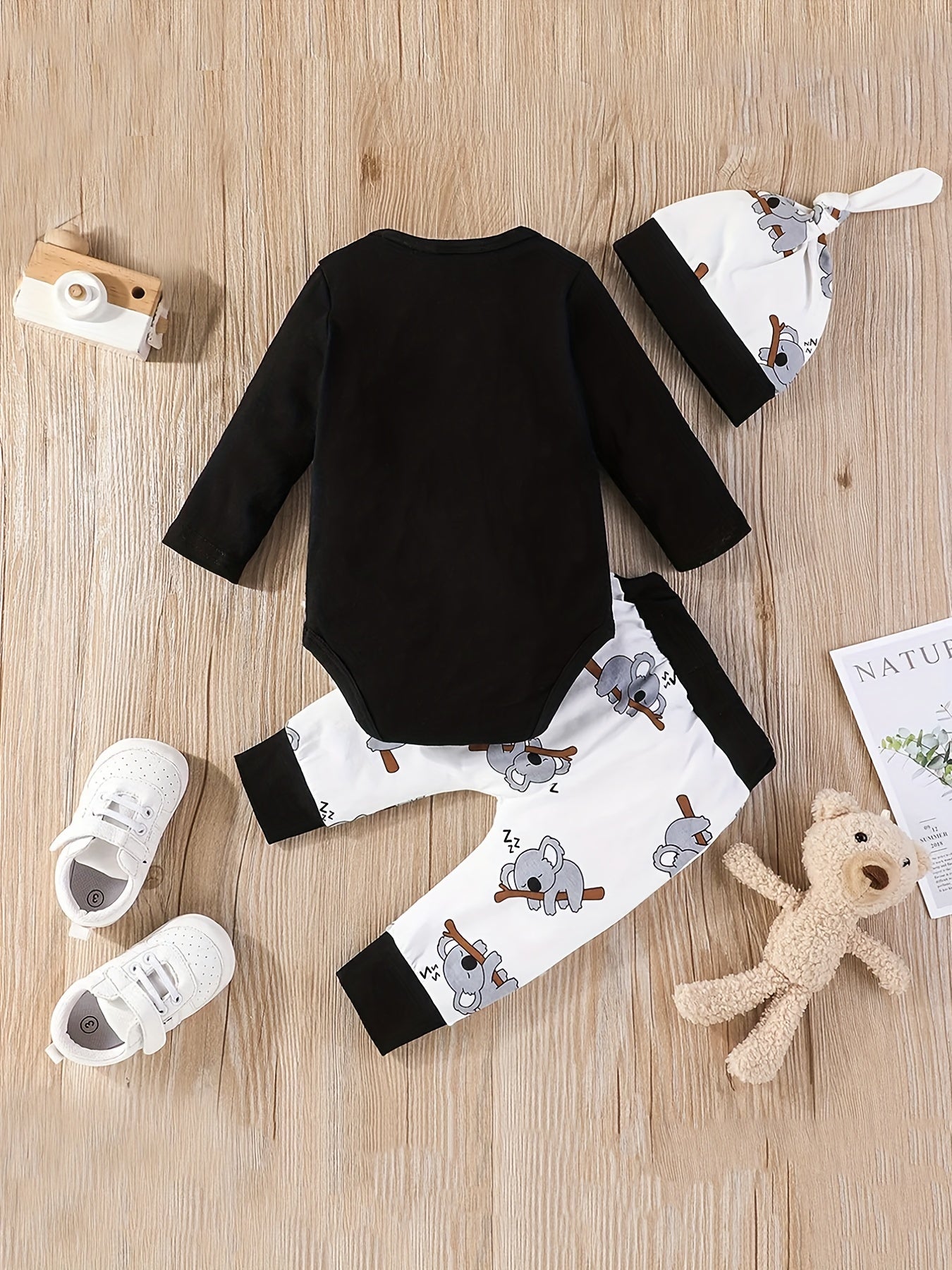 Baby Koala Printed Jumpsuit Top Full Printed Pants Hat 3pcs Set