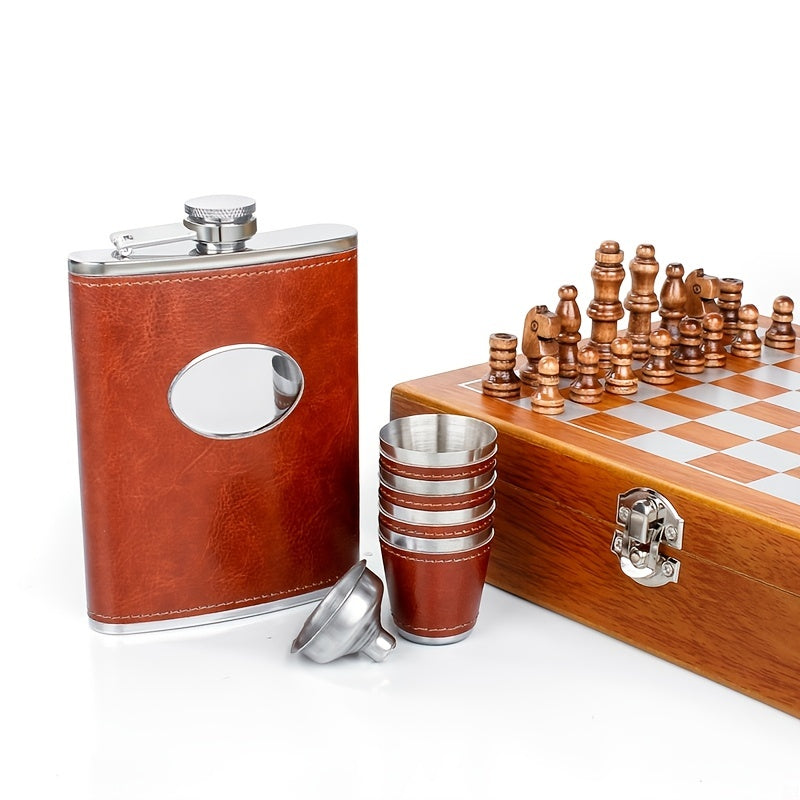 8oz Stainless Steel Hip Flask Wine Cups Funnel Chess Box Set