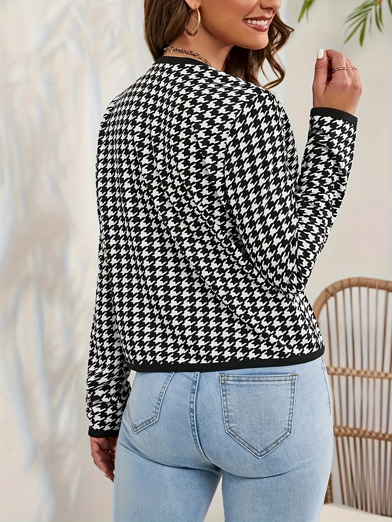Plaid Open Front Jacket Long Sleeve Contrast Trim Jacket