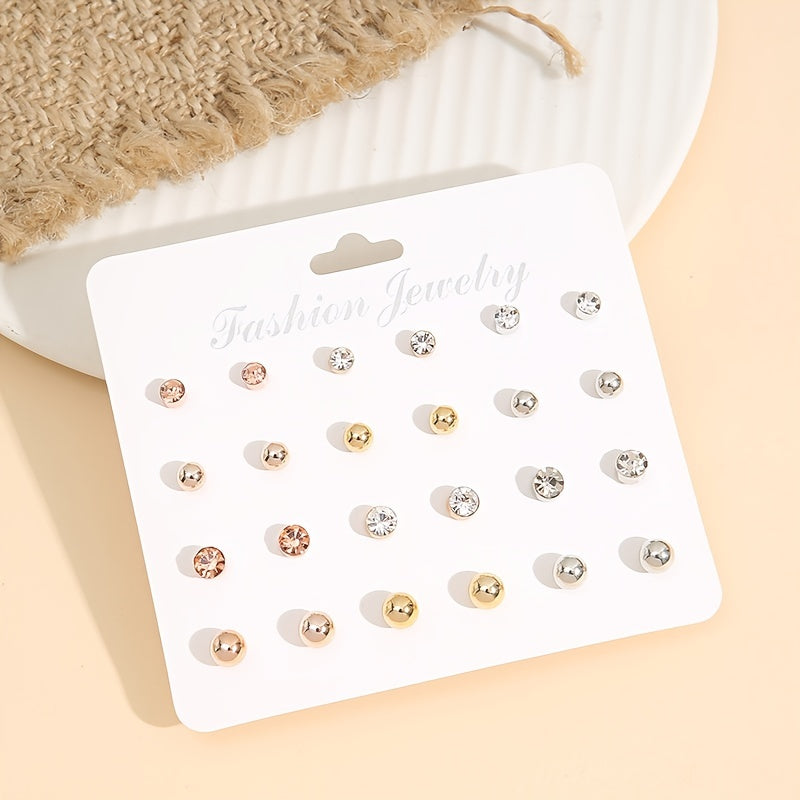 12 Pairs Sparkling Round Stud Earrings - Perfect Gift For Girls