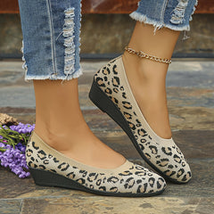 Leopard Print Wedge Heeled Knit Shoes - Casual & Lightweight