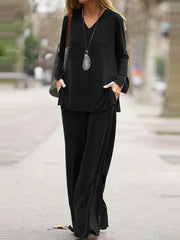 Women's Plus Solid V Neck Top & Wide Leg Pants 2 Piece Set