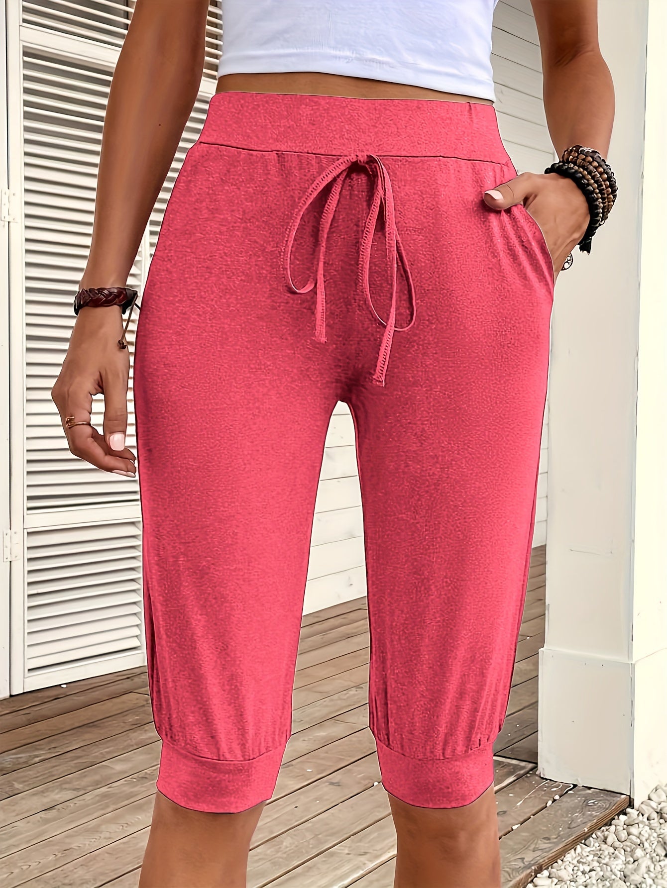 Solid Drawstring Shorts Casual Workout Knee Length Shorts
