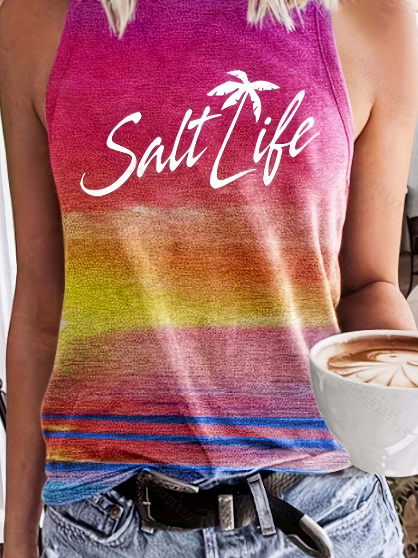 Graphic Print Tank Top Round Neck Casual Sleeveless Stretch