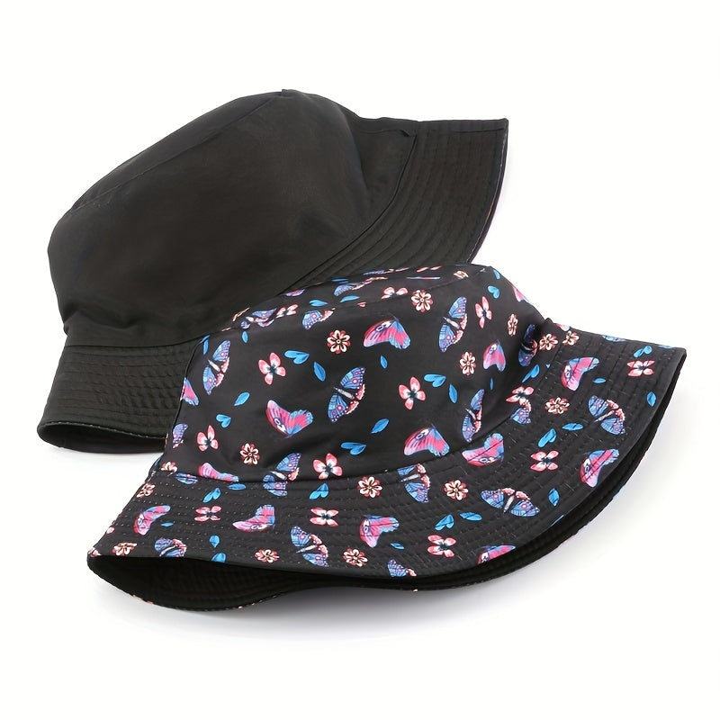 Butterfly Print Reversible Bucket Hat Cotton Fisherman Cap