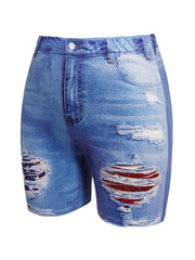 Denim & Flag Print Stretch Shorts