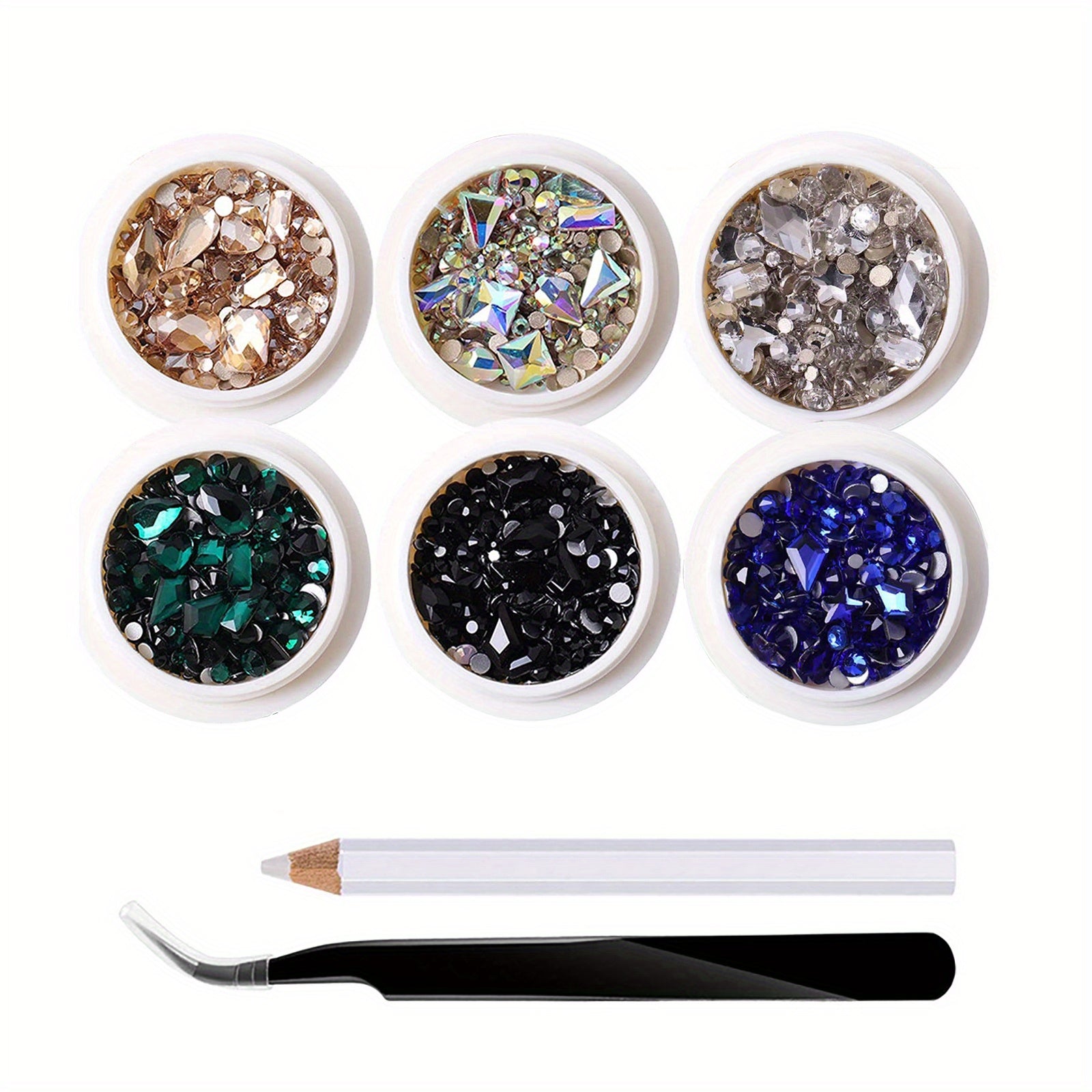 6 Boxes Nail Art Rhinestones Set with Drill Pen and Tweezers