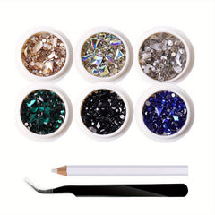 6 Boxes Nail Art Rhinestones Set with Drill Pen and Tweezers