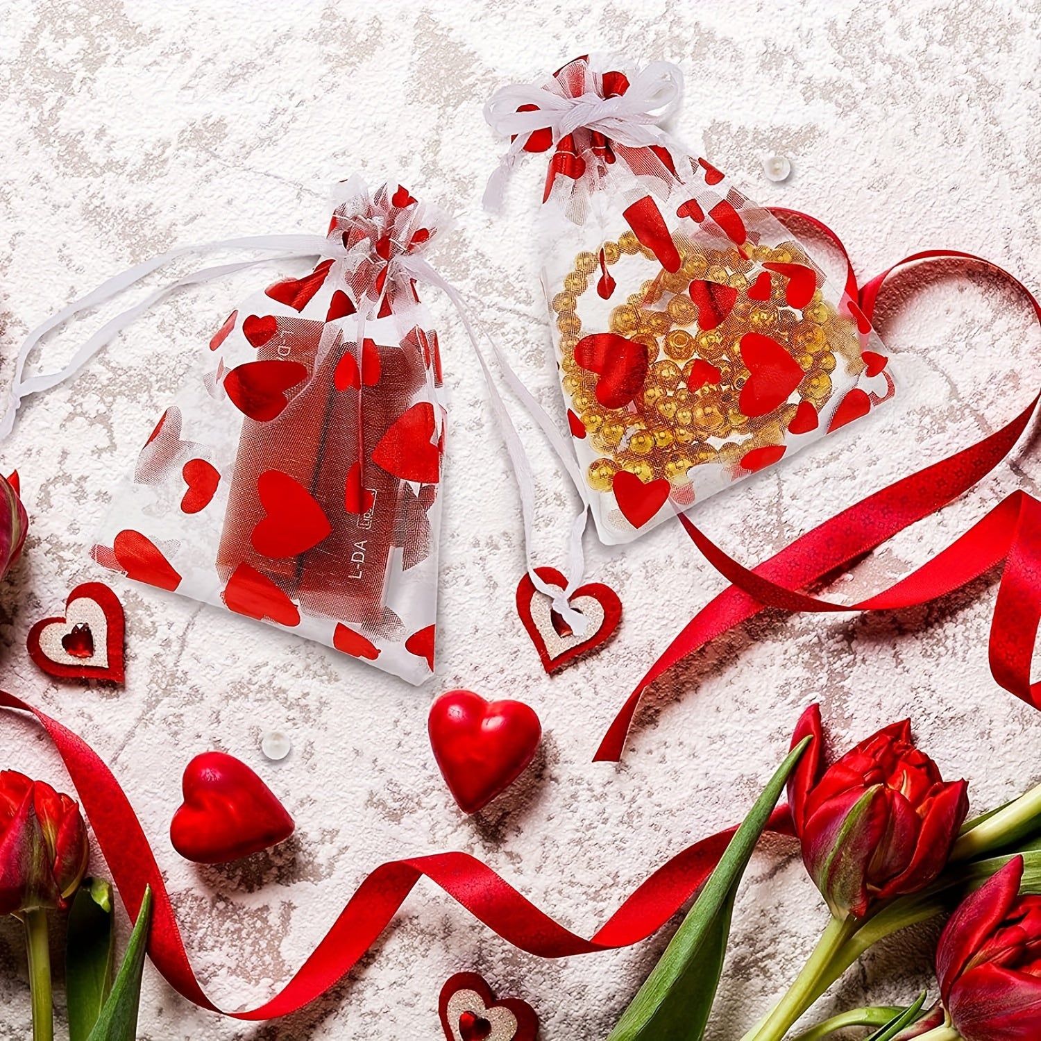 30pcs Red Heart Bags Mesh Drawstring For Christmas Wedding Favor Gift Bag
