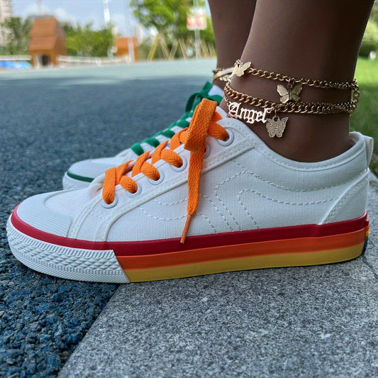 Women's Rainbow Canvas Sneakers Low Top Flat Skate Shoes
