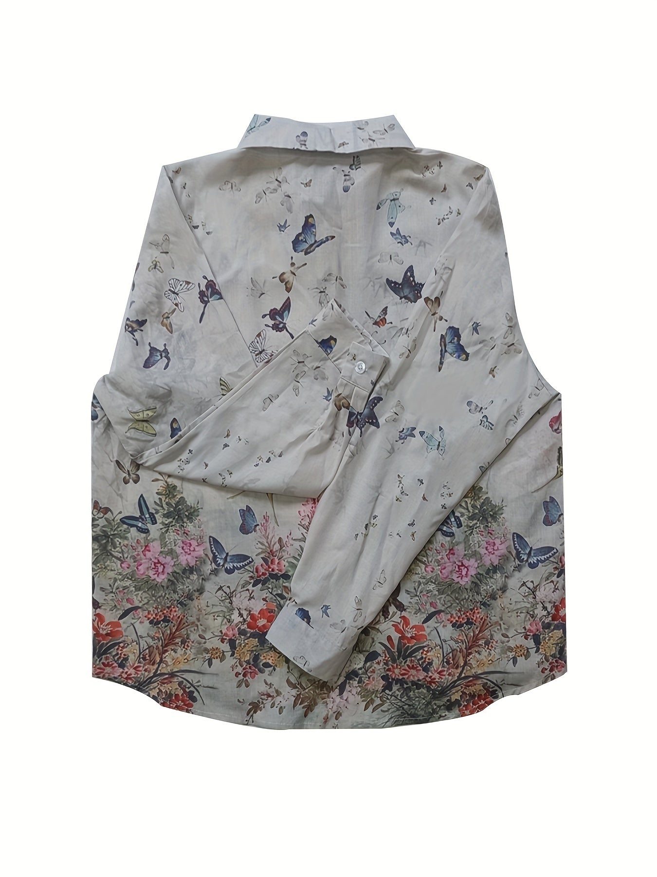Floral Butterfly Print Button Up Long Sleeve Blouse