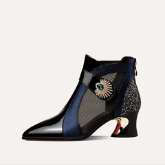Rhinestone Chunky Heel Mesh Short Boots Pointed Toe Pumps