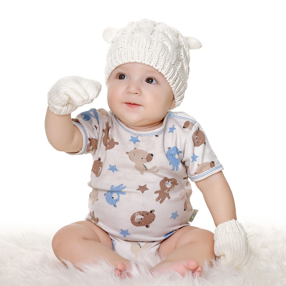 Newborn Infant Ear Knitted Beanie Hat Warm Winter Cap & Mittens Gloves Set