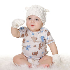 Newborn Infant Ear Knitted Beanie Hat Warm Winter Cap & Mittens Gloves Set