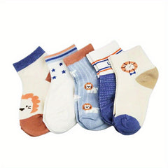 5pairs Boys Lion Socks Mesh Breathable Comfortable Crew Socks