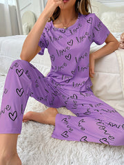 Pink Pajamas Set with Love & Hearts Print Short Sleeve Top & Elastic Waist Pants