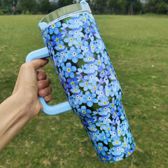 Insulated Stainless Steel Drink Cup with Handle and Straw Sunflower Daisy