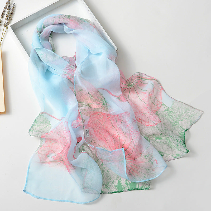 Lotus Print Thin Scarf Women's Shawl Head Wrap Windproof Bandana