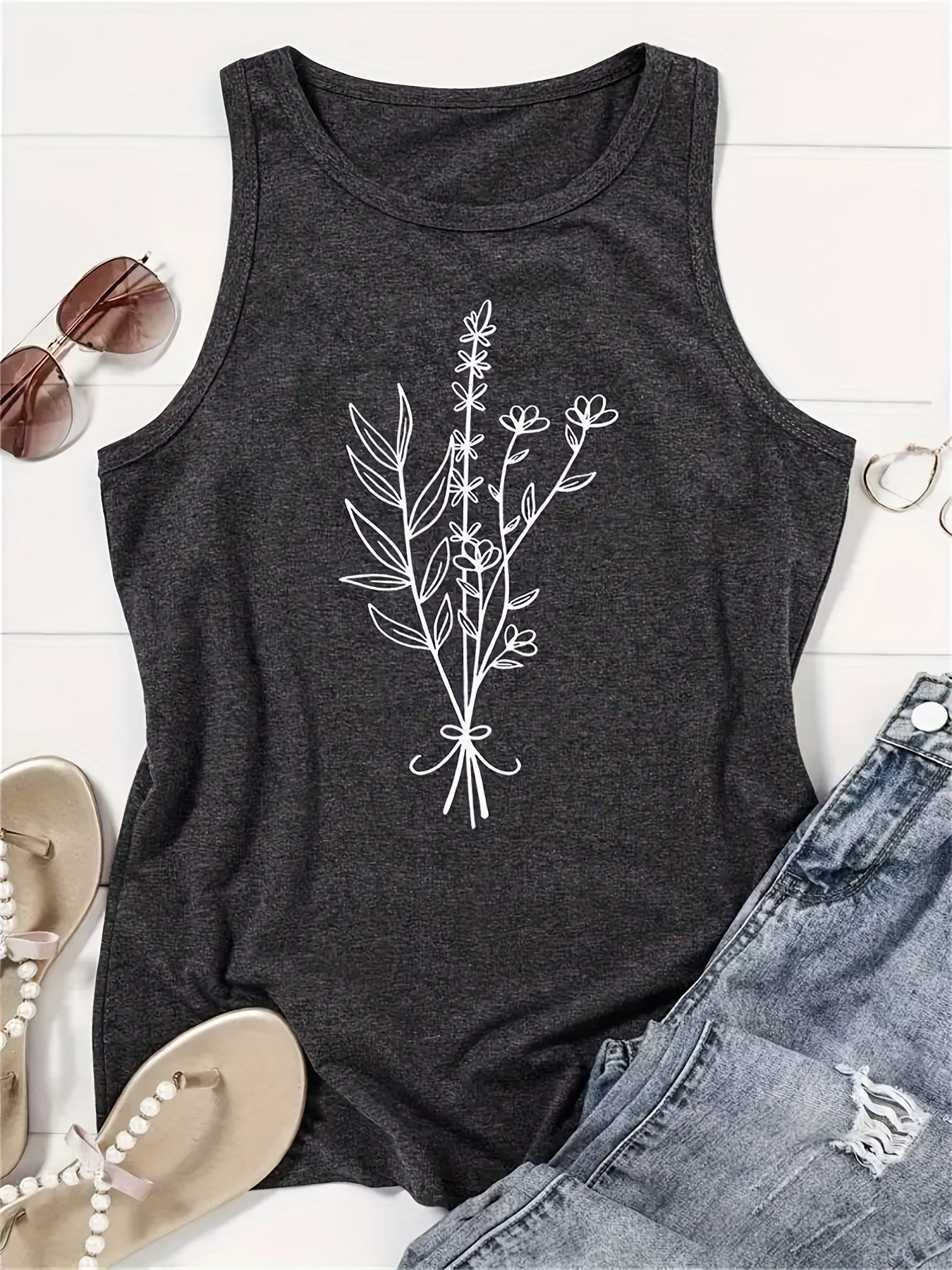 Plant Print Tank Top Crew Neck Summer Sleeveless Top