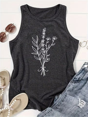 Plant Print Tank Top Crew Neck Summer Sleeveless Top