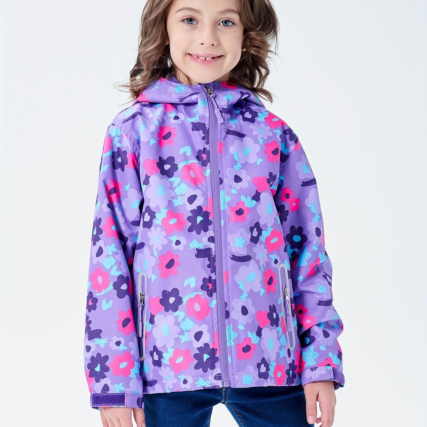 Girls Flower Graphic Hooded Jacket Zip Up Lightweight Windbreaker