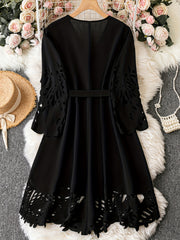 Casual Dress Laser Cut Out 3/4 Sleeve A-line