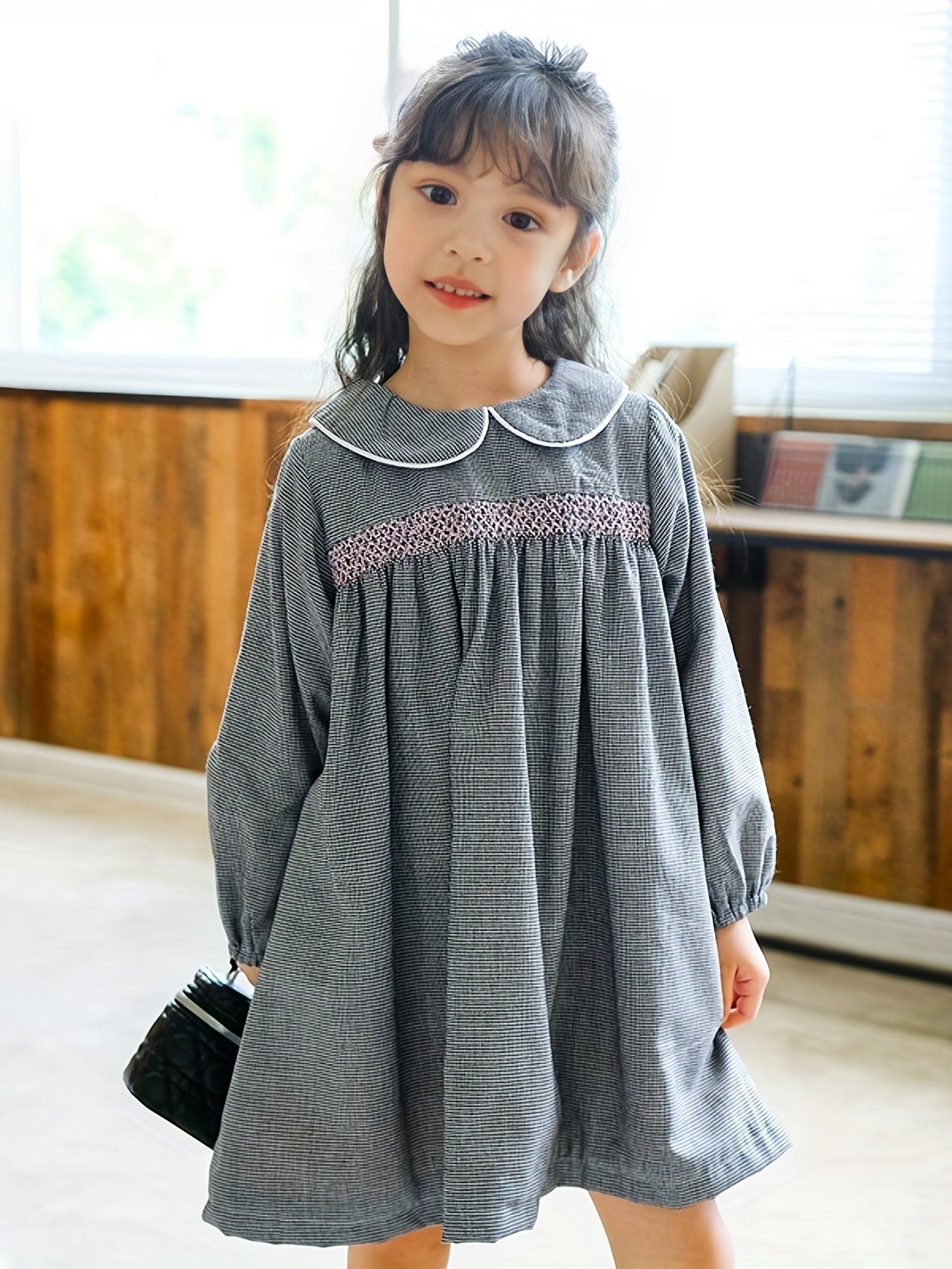 Girls Fleece Houndstooth Doll Collar Princess Dress Autumn Winter