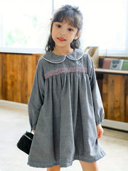 Girls Fleece Houndstooth Doll Collar Princess Dress Autumn Winter