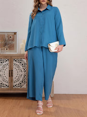 Ribbed Long Sleeve Polo Neck Blouse & Wide Leg Pants Set
