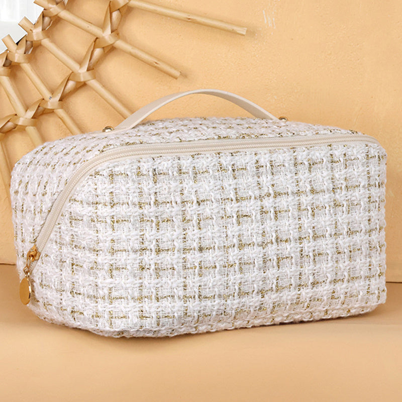 Plaid Pattern Cosmetic Bag, Large Capacity Travel Makeup Bag, Flat Lay Organizer