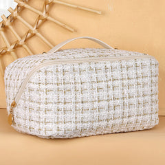 Plaid Pattern Cosmetic Bag, Large Capacity Travel Makeup Bag, Flat Lay Organizer