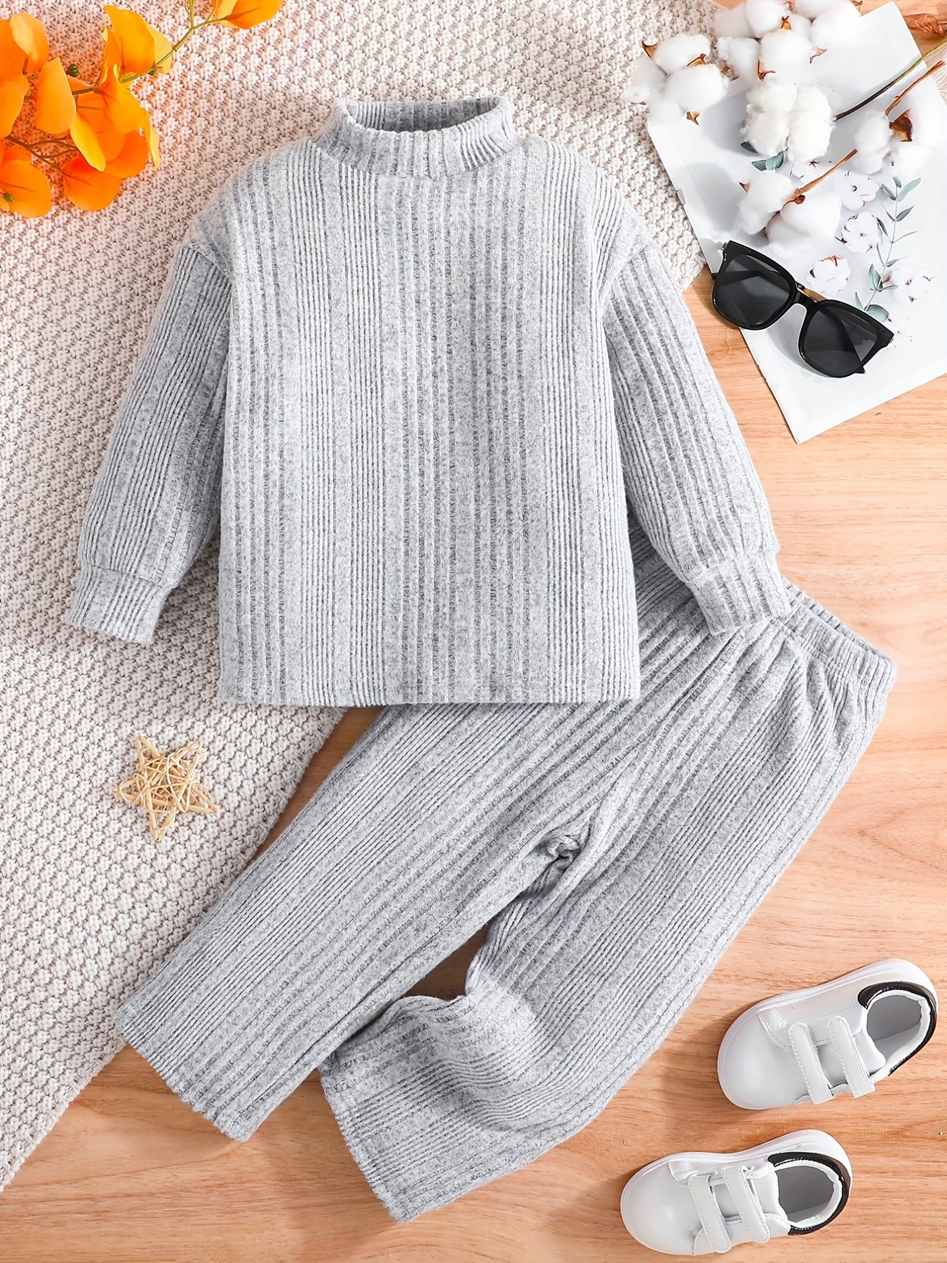 Boy's Ribbed Long Sleeve Top & Pants Set Soft Casual Outfits