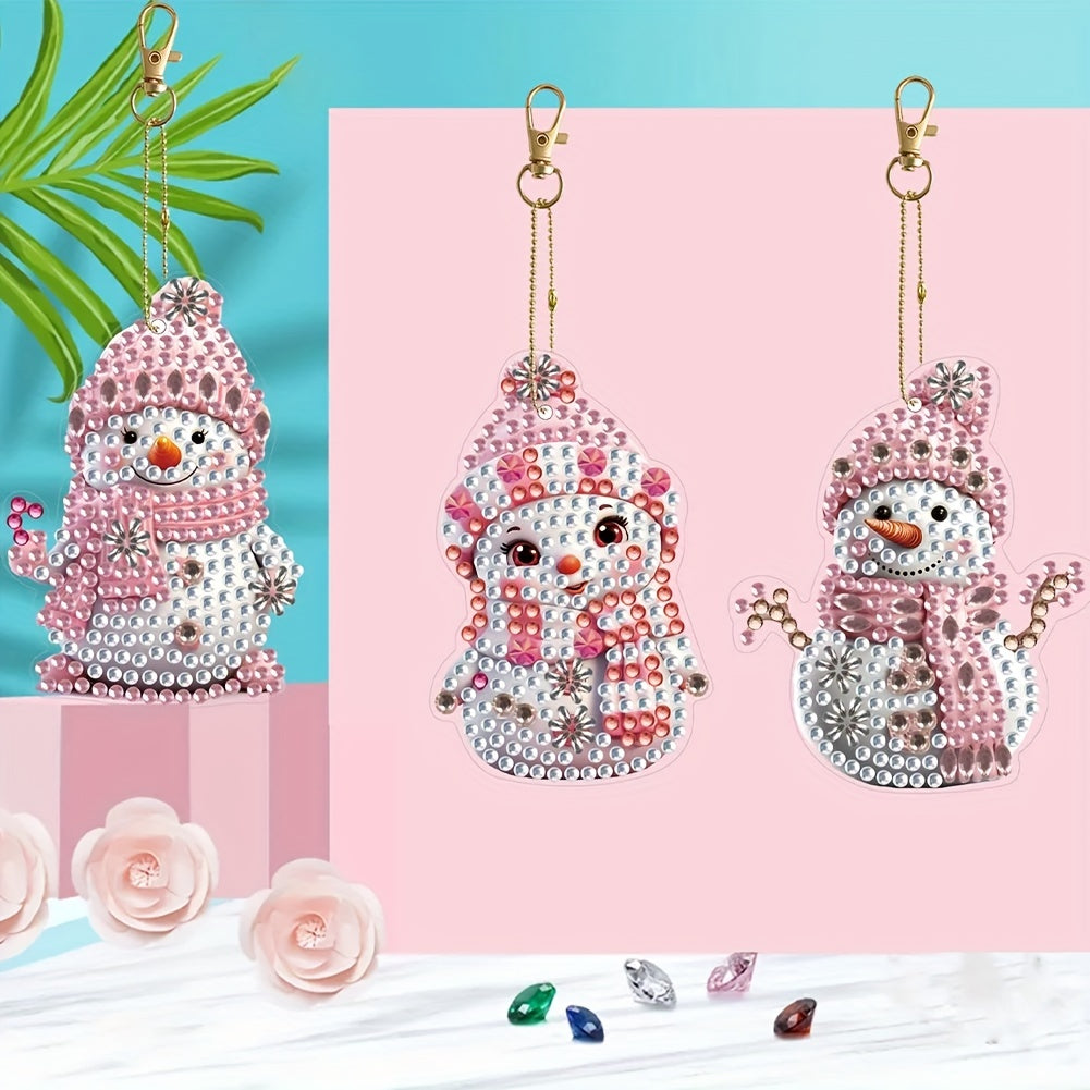 6pcs DIY Christmas Diamond Painting Keychain Pink Snowman Art Mosaic